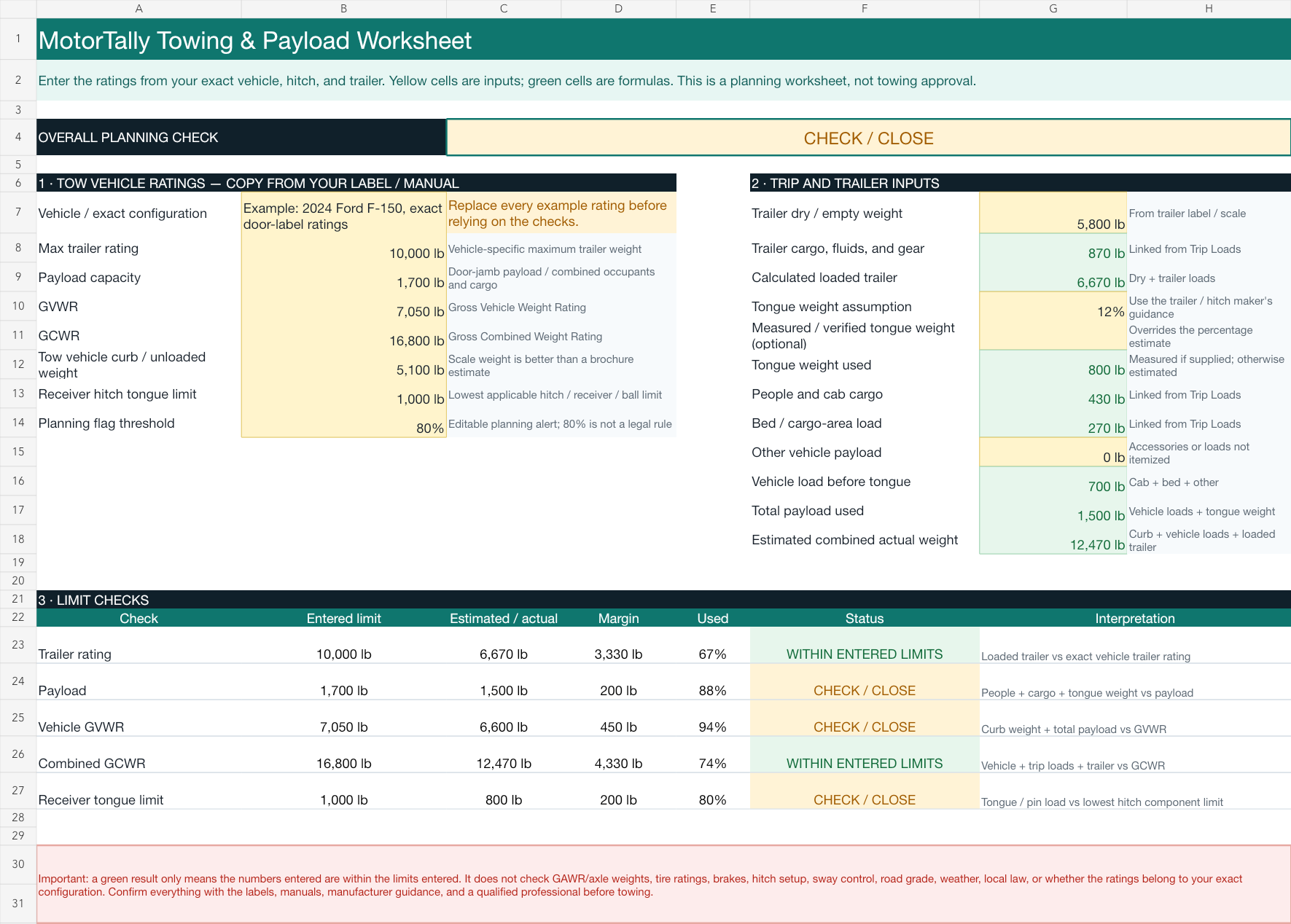 Preview of the MotorTally Tow Planner worksheet showing ratings, trip inputs, and five limit checks